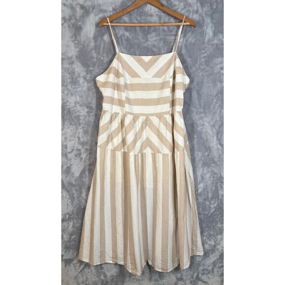 Linen Blend Neutral Beige Stripe Sleeveless Dress XL Midi Smocking Casual H&M - Picture 4 of 10